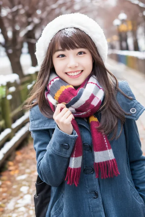 tome&#39;It&#39;s great that you are kind to everyone:1.5)、(Smile gently:1.2)、(A teenage girl with a dazzling smile)、(Beautiful teeth alignment、Long bangs:1.2)、in 8K、Raw photo、Background bokeh、(Winter Outfit:1.5)、Winter Park