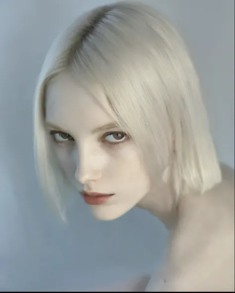 Mujer rubia con pelo corto y vestido blanco posando para una foto., pale hair, pale white face, pale woman, extremely pale blond hair, pale porcelain white skin, pale and beautiful skin, Chica con el pelo blanco, cabello blanco intenso, white pale skin, pa...