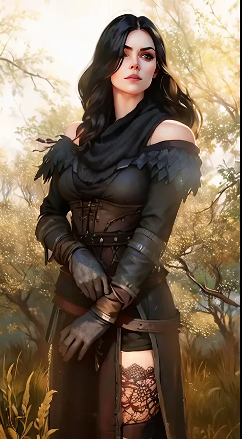 a close-up of a woman in a dress and gloves standing in a field, yennefer de vengerberg, yennefer, witcher)), mother of witchers...