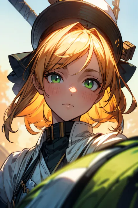 (One girl、Dressed in a dress and hat, girls frontline, Midsummer themed costumes, multilayered outfit,Dressed, Mid summer、Soio、Top image quality, Transverse conveying，Half-length picture，largeeyes，eye closeup，（with short golden hair），（Green eyes），hair scru...