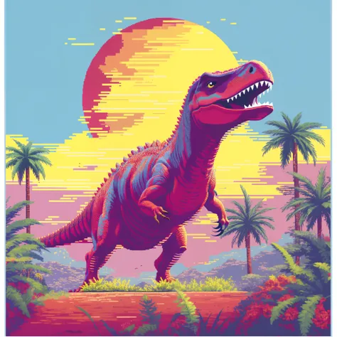 um close de um dinossauro em um campo com palmeiras, dinossauro pixel art, dinossauro trex, jurassic image, arte detalhada do pi...