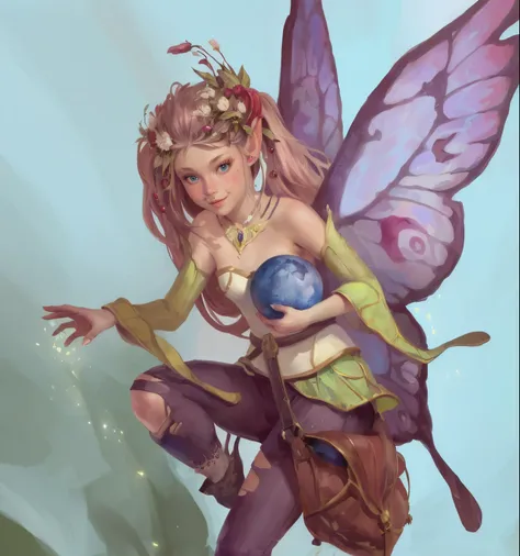 there is a fairy with a blue ball in her hand, Fada, Retrato da fada, Retrato de uma fada, Fae adolescente, Personagem Pixie, Fae, retrato do characture da fantasia, arte estilo fantasia, estilo de arte de fantasia, realistic fantasy illustration, arte fan...