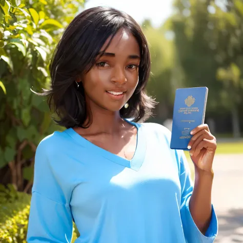 one dark skinned teenage cute girl in sky blue top military blouse, holding a passport showing half body (masterpiece, best quality:1.2), ultra high res, (photorealistic:1.4), detailed skin, cinematic lighting, friendly, intelligent, conversation engaging,...