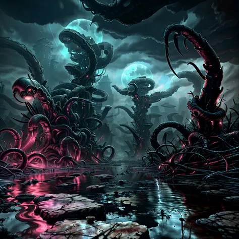 (best quality,4k,8k,highres,masterpiece:1.2), ultra-detailed, (realistic,photorealistic,photo-realistic:1.37), madness evil landscape, tentacles, polluted river, macabre cemetery, bloody moon, unreal engine, UHD sketch color drawing, surreal lighting, horr...