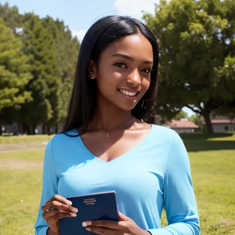 one dark skinned teenage cute girl in sky blue top military blouse, holding a passport showing half body (masterpiece, best quality:1.2), ultra high res, (photorealistic:1.4), detailed skin, cinematic lighting, friendly, intelligent, conversation engaging,...