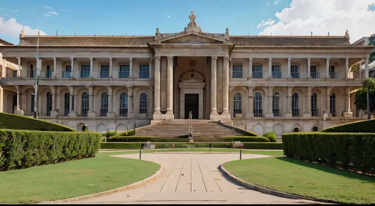 vista por fora da frente de um museu de estrutura classica com jardim