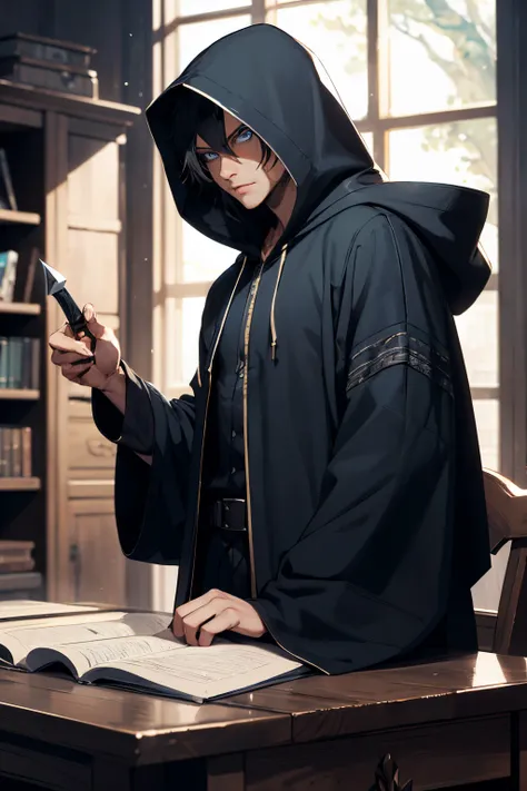 man mysterious elf assassin arcane trickster rogue dark robe hooded. black short hair, blue eyes, with a dagger in his hand in his desk