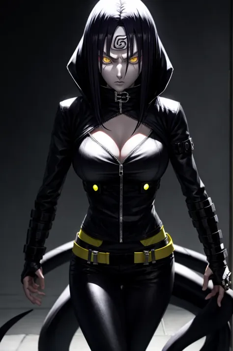 orochimaru of naruto, female version, realistic style, yellow eyes, sloppy clothes, gothic, biker, sharp look, big breast