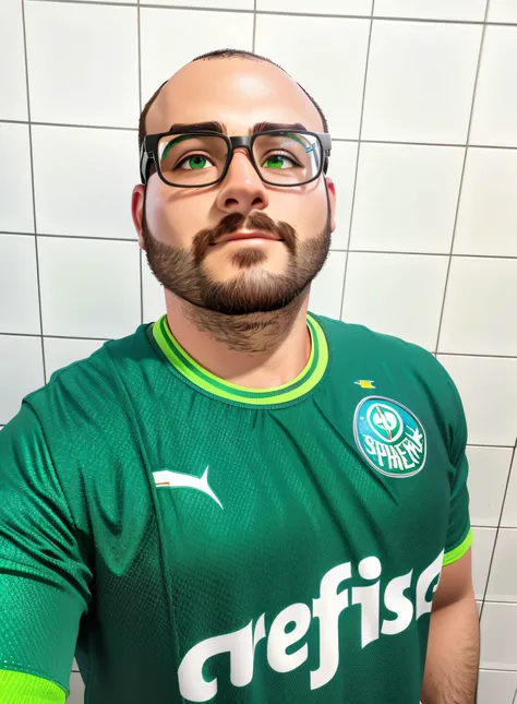 Homem de 20 anos, wearing brown glasses and a thin beard, standingn, vestindo uma camisa verde do time de futebol, Foto selfie 8k, filmado no iphone, Estilo 3D Pixar