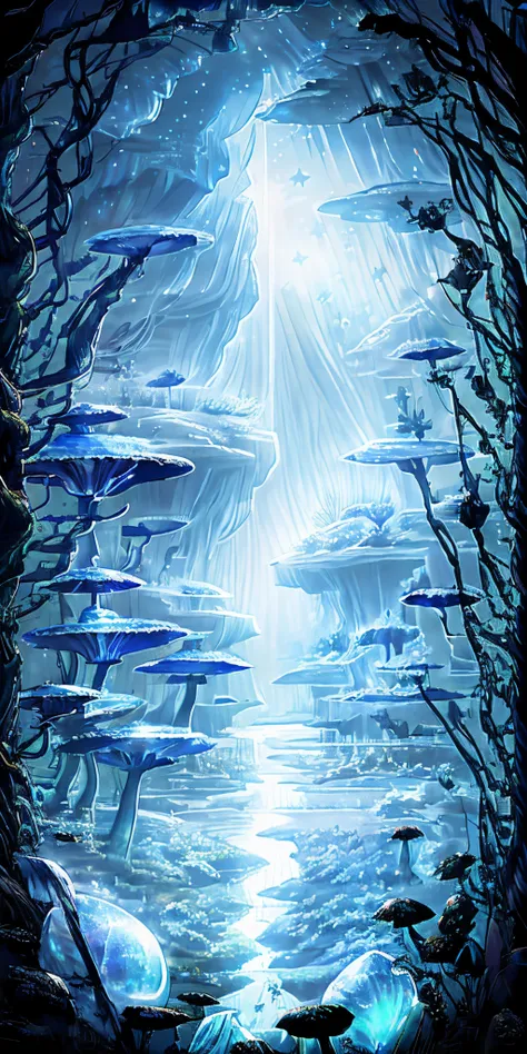 illustration of a hyperrealistic , otherworldly, ultrasky scene featuring a giant crystal tree full body,very detailed and magic...