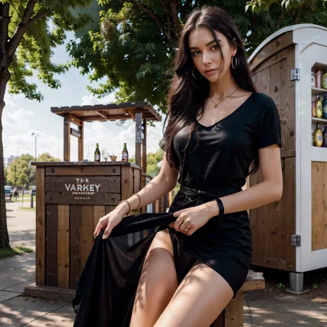 ((only one girl)), ((one girl)), Hanna, a 21 year old girl, 1.70 meters tall, weighs 49 kg, has very long and straight dark purple hair, has big green eyes, wears gold earrings and bracelets , always has a smartwatch on wrist, in front of the beer kiosk, w...