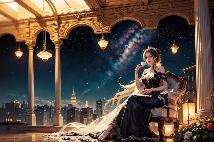 "((Surreal)) painting of a serene ((girl)) enjoying tea in a whimsical space garden, vibrant galaxy backdrop, intricate train winding through the celestial flora, dreamy atmosphere, ethereal colors, ((fantasy)) scene