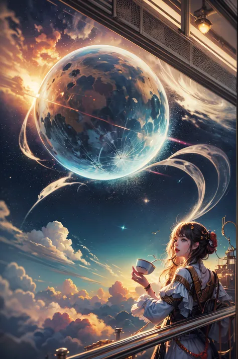 "((Epic)) painting of a ((girl)) in a celestial space garden, sipping tea as a cosmic train weaves through constellations, vibrant galaxy backdrop, surreal atmosphere, ((fantasy)) elements, ((dreamlike))