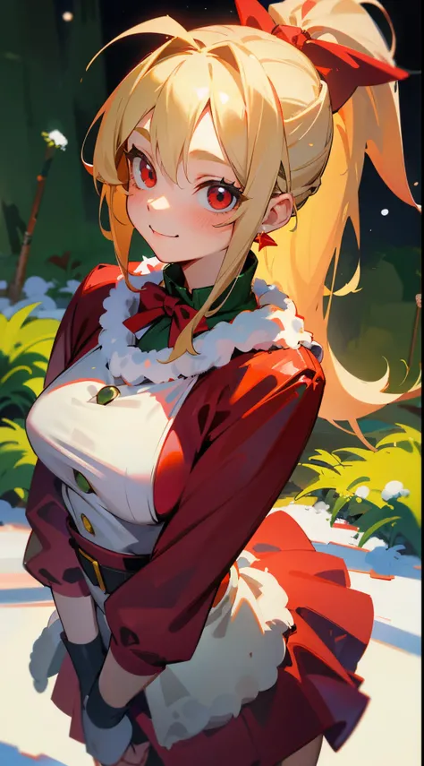 18 year old girl, Santa Claus costume、Blonde ponytail、Ahoge、big round red eyes、A slight smil、Laugh、small tits、Realistic painting in every detail, Christmas Outdoors、Colors based on red and green