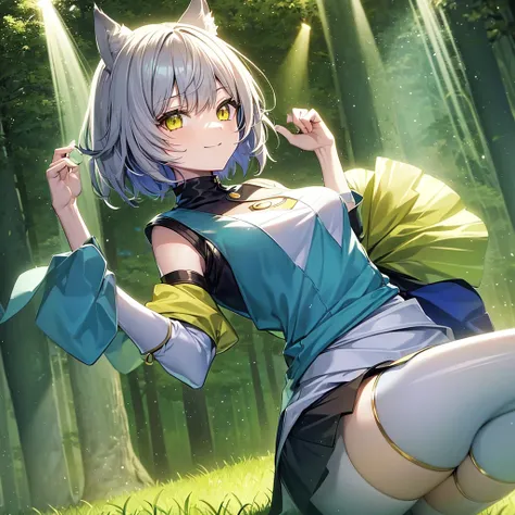 (1 anime semi-human girl) with cat ears and cat tail, short hair color: yellow, eyes: bright blue, medium breasts, with light ar...