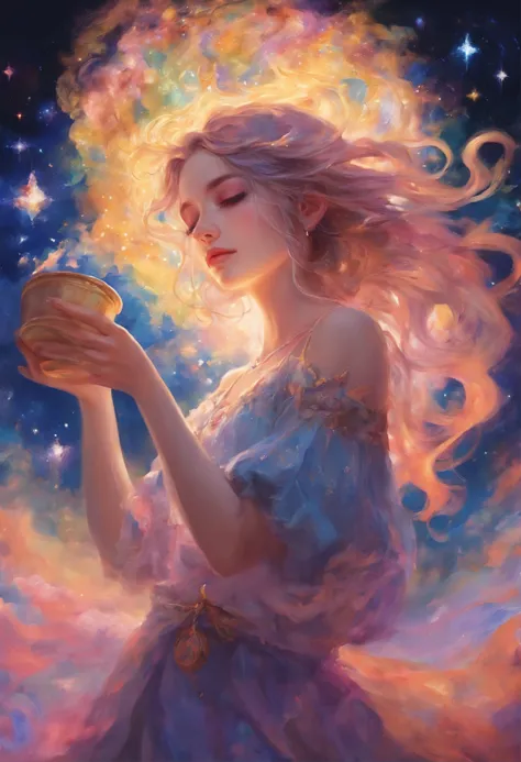 "((Epic)) painting of a ((girl)) in a celestial space garden, sipping tea as a cosmic train weaves through constellations, vibrant galaxy backdrop, surreal atmosphere, ((fantasy)) elements, ((dreamlike))