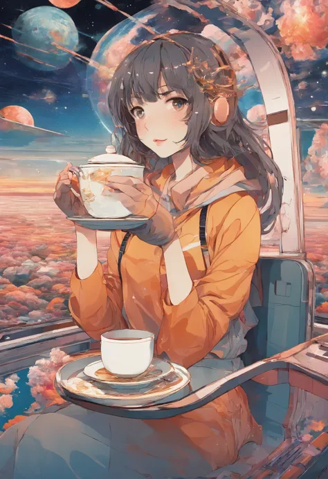 "((Interstellar)) photographic capture, dynamic shot of a determined ((girl)) enjoying tea on a futuristic train, space garden with swirling galaxies, dramatic clouds, golden hour, rule of thirds, intense colors, (ultra high res), ((captivating))