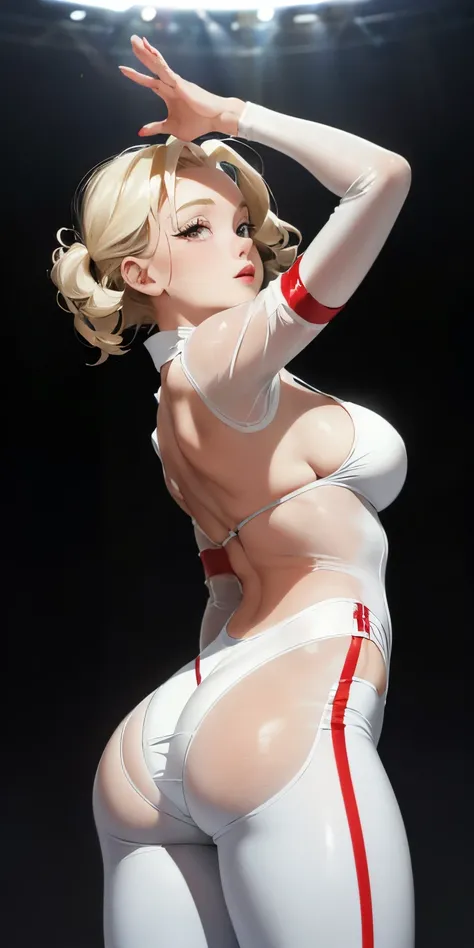 ((top-quality))Marilyn Monroe hairstyle and red cheek waist pose、13 year old girl&#39;thick and rusty々Lips (Glossy skin 1.7)Super close-up looking up from below(((Look sexy)))((​masterpiece)、Breasts enlarged(1 shiny skin.1.4).(background gymnastics arena、)...