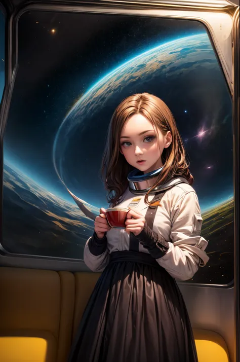 "((interstellar)) photographic capture, dynamic shot of a determined ((girl)) enjoying tea on a futuristic train, space garden w...