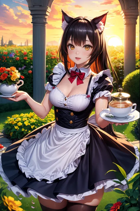 "((whimsical)) photographic capture, dynamic shot of a delightful ((catgirl)) in a maid costume, pouring tea in a sunlit garden,...