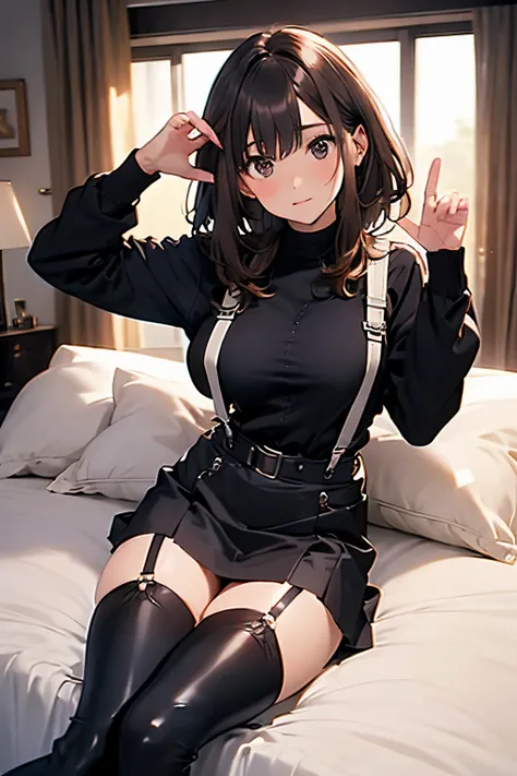 Brown hair、watching at viewers　　　black suspenders　　　Bulging big breasts　　 　 　　　walls: 　Black miniskirt　garters　　　　　　Gaze　　　Small face　bangss 　　　holster　　　Beautuful Women　　hands up　　Leg holster lying on the bed　　Gaze 　black boots upskirt comb