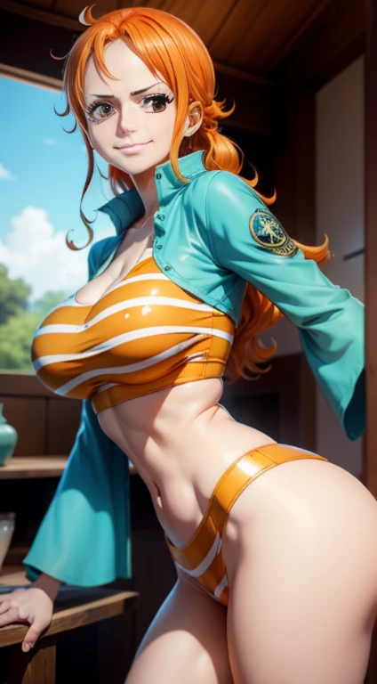 Gere uma imagem realista no estilo anime de Nami de One Piece. Capture your distinctive look with orange hair, uma camisa listrada azul e branca, and a joyful expression. Certifique-se de que a imagem reflete sua personalidade aventureira e confiante como ...