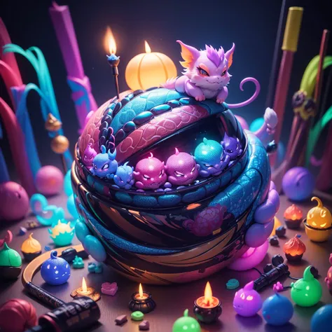 Chinese Dragon. in a pile of candle and candle canes, cute colorful, digital painting, cute detailed digital art, hyper colorful, neon coloring, cute digital art, beeple colors, colorful hd picure, beeple and jeremiah ketner, glowing lights! digital painti...