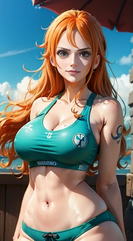 Gere uma imagem realista no estilo anime de Nami de One Piece. Capture your distinctive look with orange hair, uma camisa listrada azul e branca, and a joyful expression. Certifique-se de que a imagem reflete sua personalidade aventureira e confiante como ...