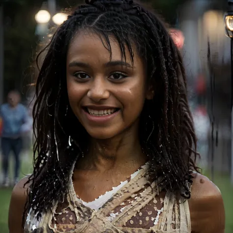 (nudity, explicit, :1.1) ((dark black negro girl)),  happy smiling, ((sloppy big breasted black girl)), in the rain at a concert...