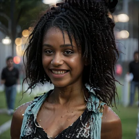 (nudity, explicit, :1.1) ((dark black negro girl)),  happy smiling, ((sloppy big breasted black girl)), in the rain at a concert...