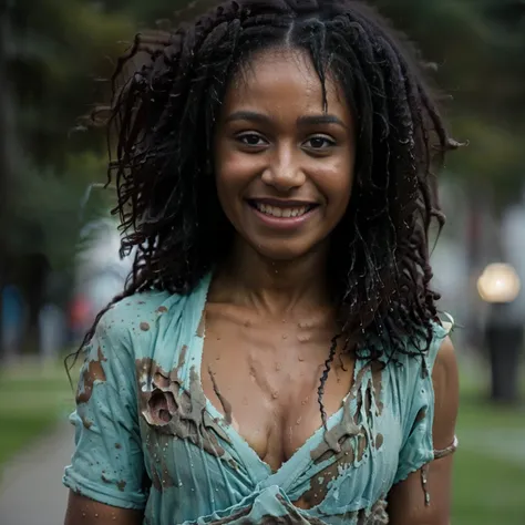 (nudity, explicit, :1.1) ((dark black negro girl)),  happy smiling, ((sloppy big breasted black girl)), in the rain at a concert...