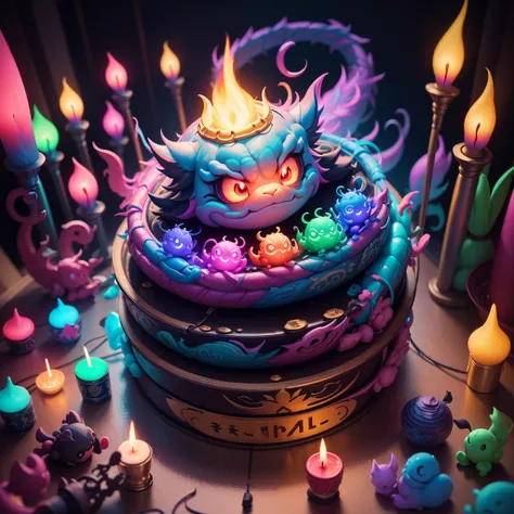 Chinese Dragon. in a pile of candle and candle canes, cute colorful, digital painting, cute detailed digital art, hyper colorful, neon coloring, cute digital art, beeple colors, colorful hd picure, beeple and jeremiah ketner, glowing lights! digital painti...