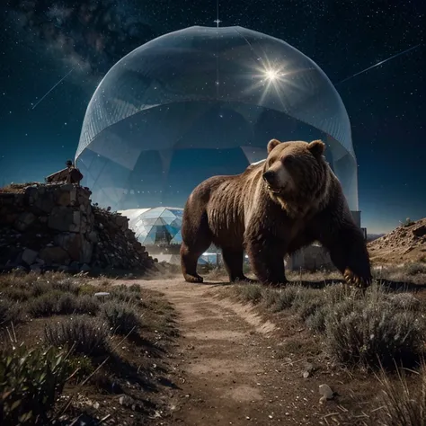 One big grizzly bear running, onto of the grizzly bear is a goddess with wings. Behind the grizzly bear is san miguel mexico. In the sky is a huge geo dome. In the geo dome is an arielist. All is surrounded by stars.