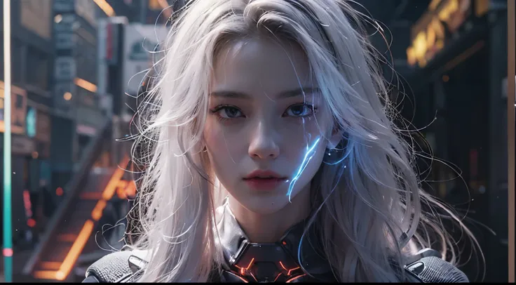 ((Realistisch, best quality, Meisterwerk: 1.3)), white long hair, beautiful woman, neon lights, movieposter, cinematic view, face to viewer, human robot, cyberpunk mask, inferno, fire, sparks, smoke, upper body, dark, apokalypse, hell, explosions,