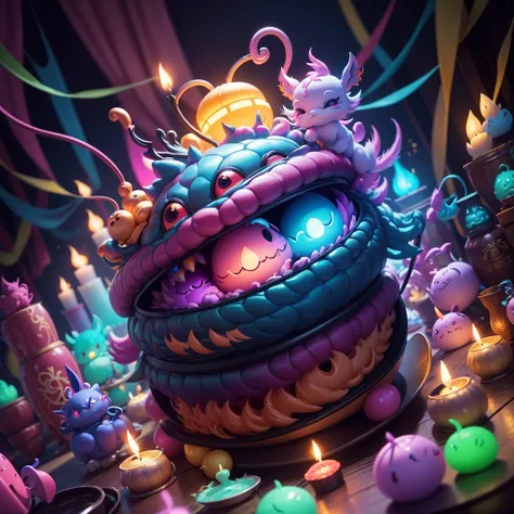 Chinese Dragon. in a pile of candle and candle canes, cute colorful, digital painting, cute detailed digital art, hyper colorful, neon coloring, cute digital art, beeple colors, colorful hd picure, beeple and jeremiah ketner, glowing lights! digital painti...