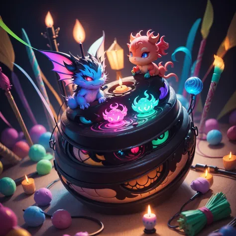 Chinese Dragon. in a pile of candle and candle canes, cute colorful, digital painting, cute detailed digital art, hyper colorful, neon coloring, cute digital art, beeple colors, colorful hd picure, beeple and jeremiah ketner, glowing lights! digital painti...