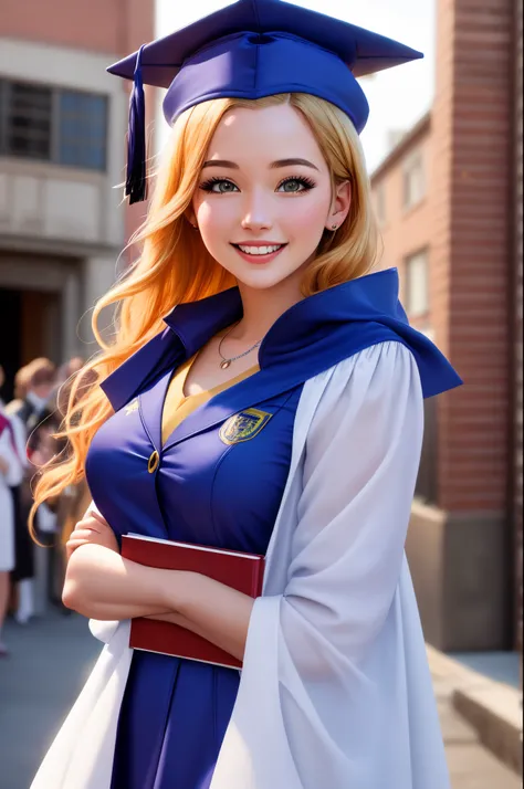 A joyful 25-year-young woman celebrating her graduation day at a English university. She radiates happiness, wearing a graduation gown and cap. Capture the moment as her parents, filled with pride, join the celebration. Use a long shot to showcase the univ...