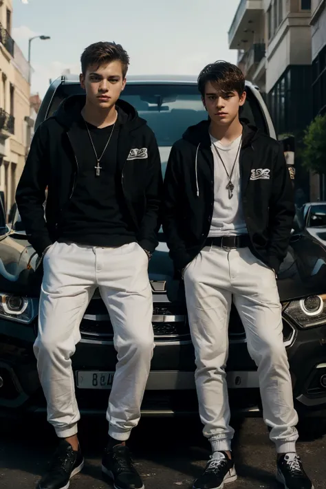 ((Two young white teenagers)), black clothes, luxury car, gang, dogs, luxury, mafia, childhood friends, hood, visible eyes, black and white, hyperrealistic, realistic, 4k, cinematographic