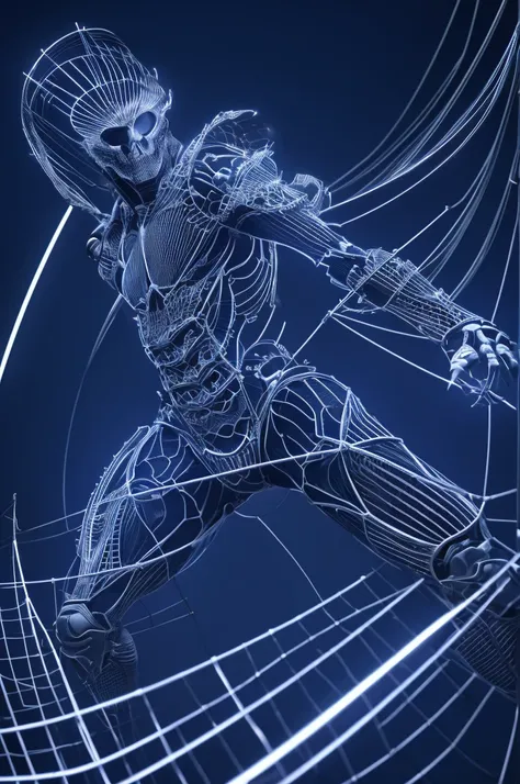 A wireframe warrior, defined by its skeletal structure made up of intersecting lines, is depicted in this visually striking digital artwork. The intricate wireframe design creates a three-dimensional effect, showcasing the expert craftsmanship and attentio...