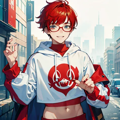 Teenage boy in white crop top hoodie, red hairs, glasses, smiling,