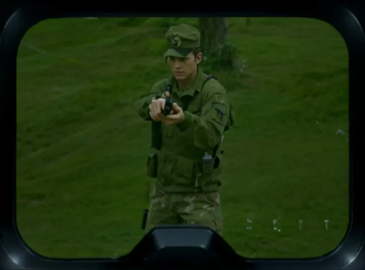 Assailant wearing military cap, wearing kevlar, holding glock 17 pistol from jack ryan movies with both hands, realistic gun, well defined gun, scouting the area