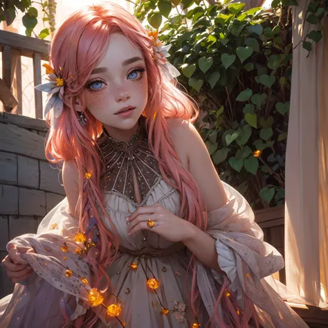 closeup full realism portrait freckled woman on overgrown balcony sunrise" short_neck twinkling lights jewelry | long_hair | epic | vibrant sunrise pink_sunrise orange yellow warm_tones red holy glow | sharp_image | perfect_eyes | anime_realism 3D perfect ...