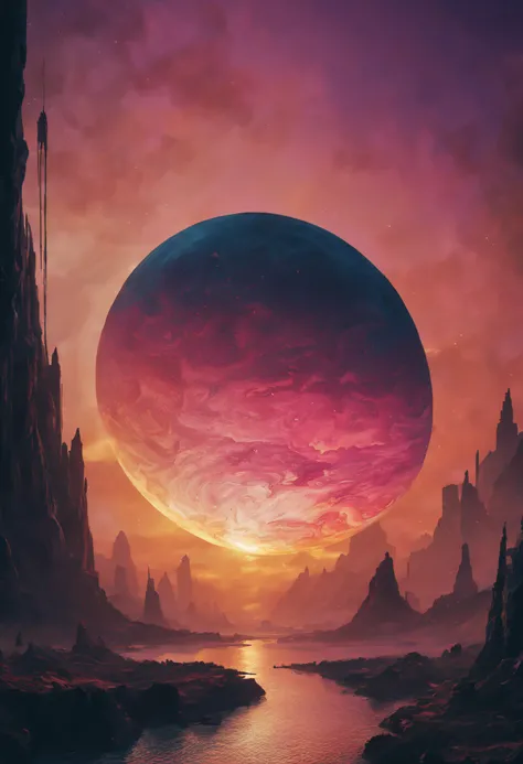 a magnificent sunset on a strange and mysterious planete. Its very textured and detailed with dreaming lot of multicolored