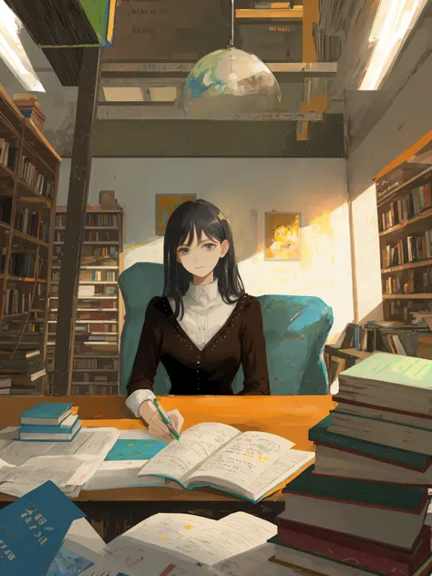 a modern woman sitting at a desk in front of books with big painting