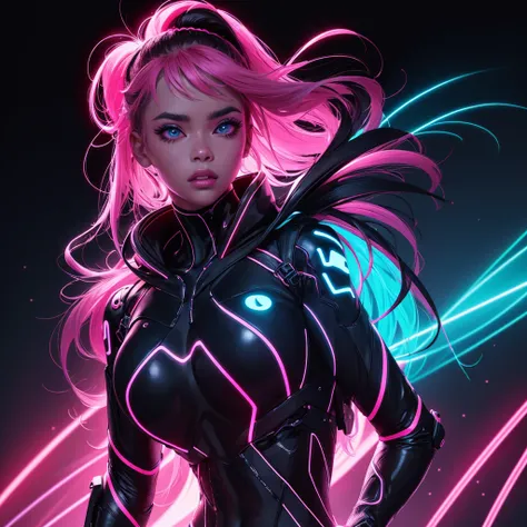 neon fashion" full portrait, woman with neon suit, black backdrop, black and glowing neon, high resolution, perfect anatomy, epic design realistic, black pink blue, cute, perfect, accurate anatomy, night city