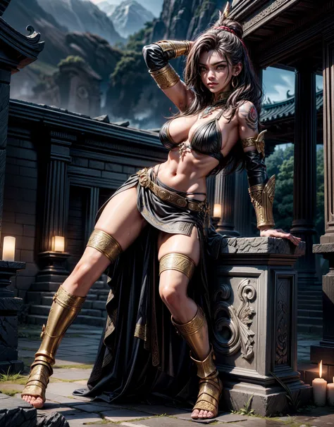 “Primary masterpiece in UHD, sharp details. Style inspired by God of War, capturing the striking presence of the Spartan warrior. | A stunning and pale 30-year-old woman displays her tribal tattoos in a set of black t-shirt and skirt, adorned by stunning g...