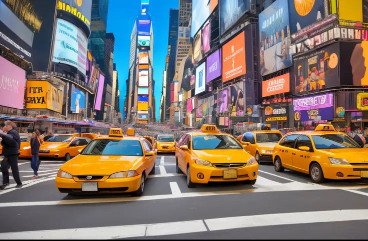 A bustling street full of taxis and pedestrians々Nice view, Times Square, time square, stunning images, taxis, nowi, New York, In New York City, in the middle of new york, elaborate composition, New York City, In Times Square, newyork, In Time Square, Broad...