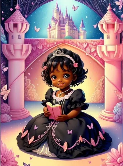 (cute black baby girl smiling with a pink princess dress, butterflies and a castle), Munchkin ,Geometric multidimensional wall portrait, livro de arte, Tchibi,
Yang08k, Beautiful, Colouring,
Obras, of the highest quality, best quality, Arte Oficial, Beauti...