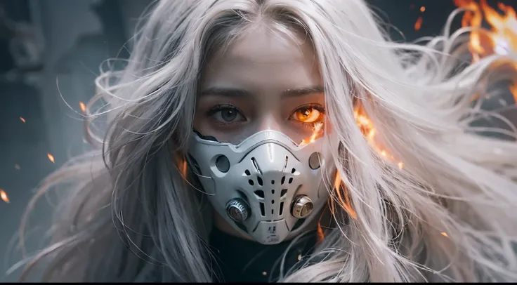 ((Realistisch, best quality, Meisterwerk: 1.3)), white long hair, beautiful, camourflage, woman, dark haze, movieposter, cinematic view, face to viewer, human robot, mask, inferno, fire, sparks, smoke, upper body, dark, apokalypse, hell, explosions,