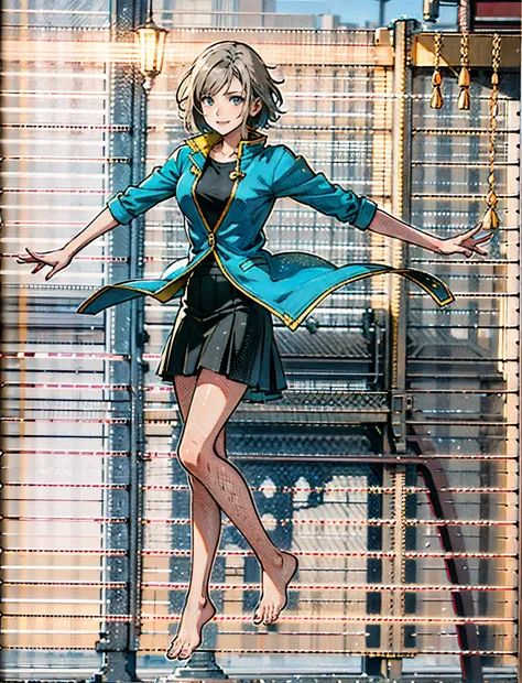 A girl with short gray hair, bright eyes, a cheerful smile, a joyful expression, a slender figure, a two-piece fantasy-realistic style jacket, short skirt that matching the outfit, barefoot, she happily leaps in front of a fantasy-style ancient ritual buil...